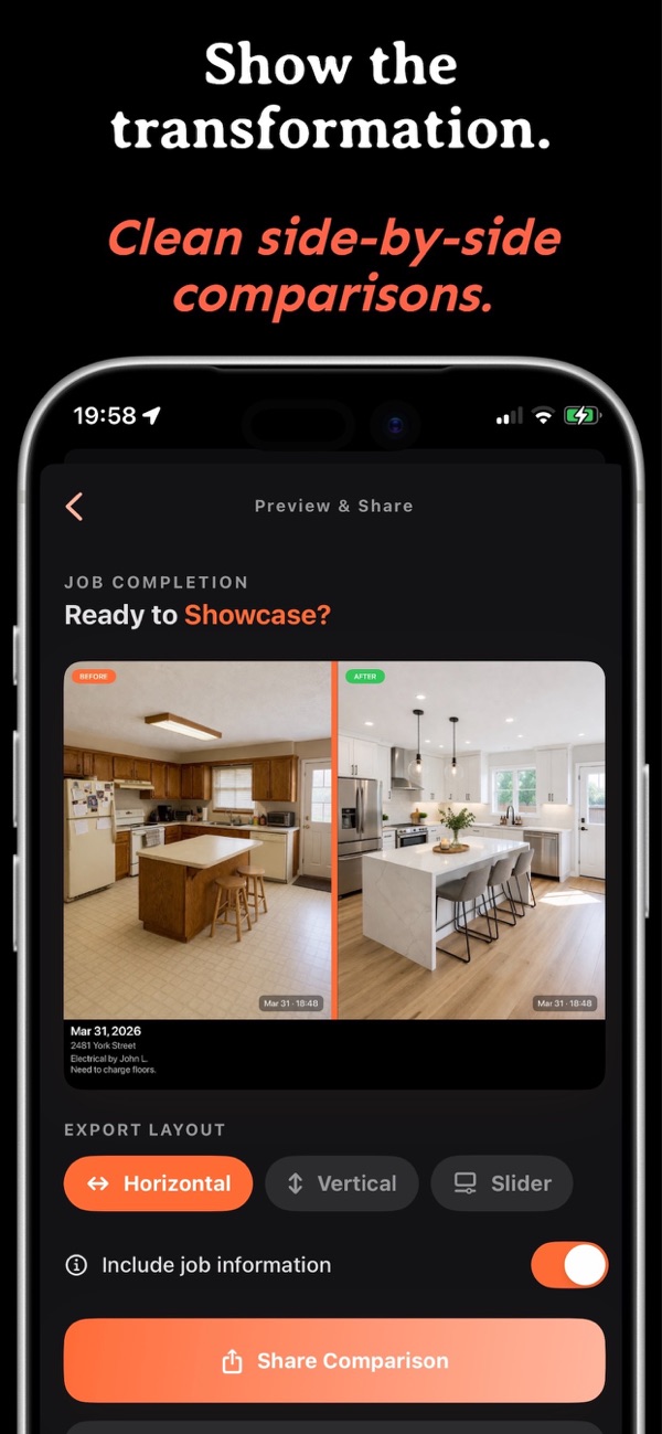 Side-by-side before and after comparison of a kitchen renovation in the SiteProof app