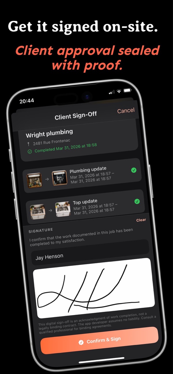 Client sign-off screen where the customer signs on the contractor's phone after reviewing the completed work