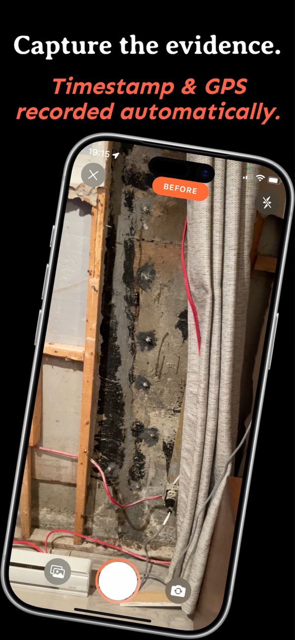 Job site camera capturing a before photo with automatic timestamp and GPS recording