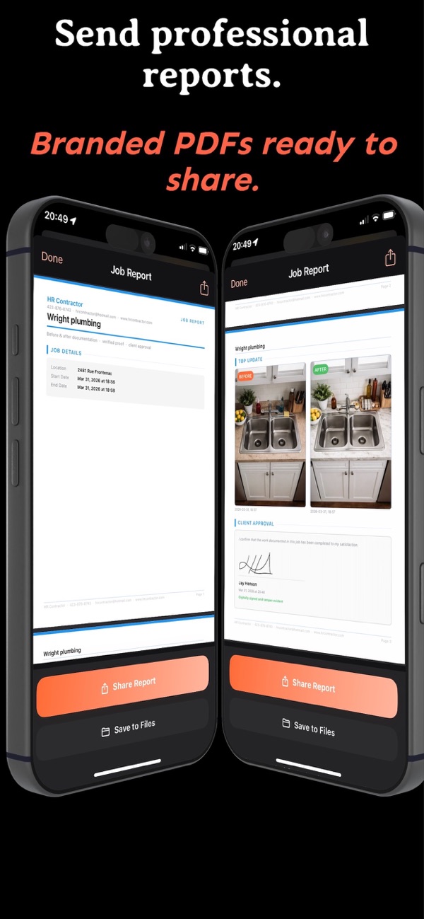 Branded PDF job report with before and after photos, job details, and client approval signature